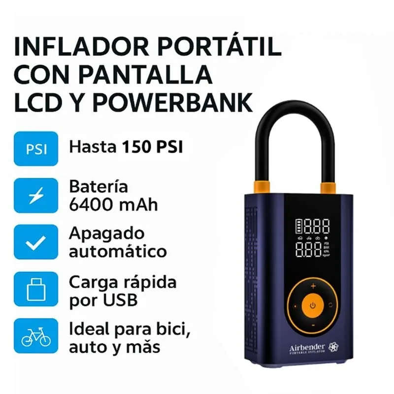 Inflador Airbender Aire Portátil 6400 mAh
