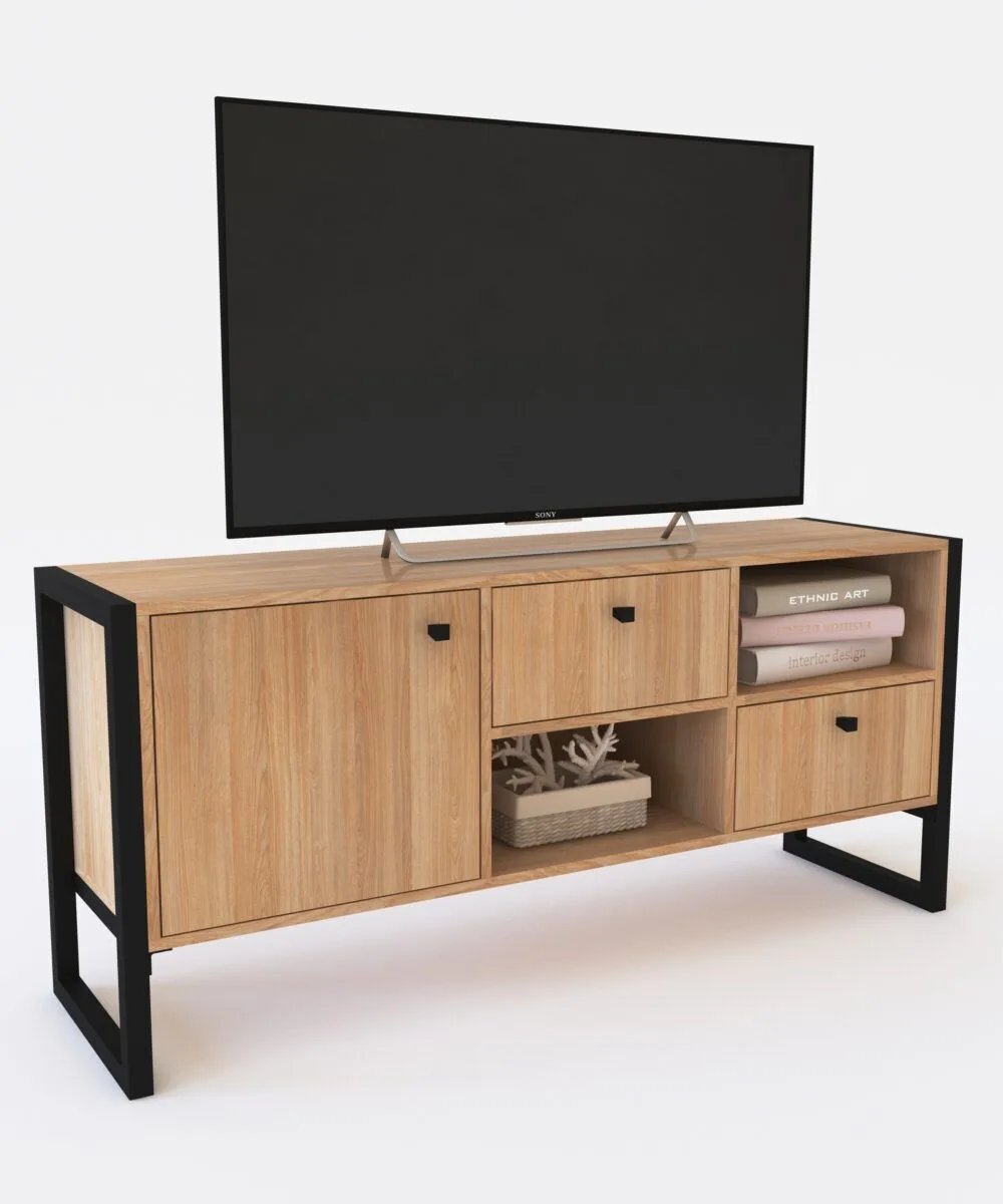 Rack Steel Delos TV 50″ 1 Puerta 2 Cajones Roble Nebraska Natural