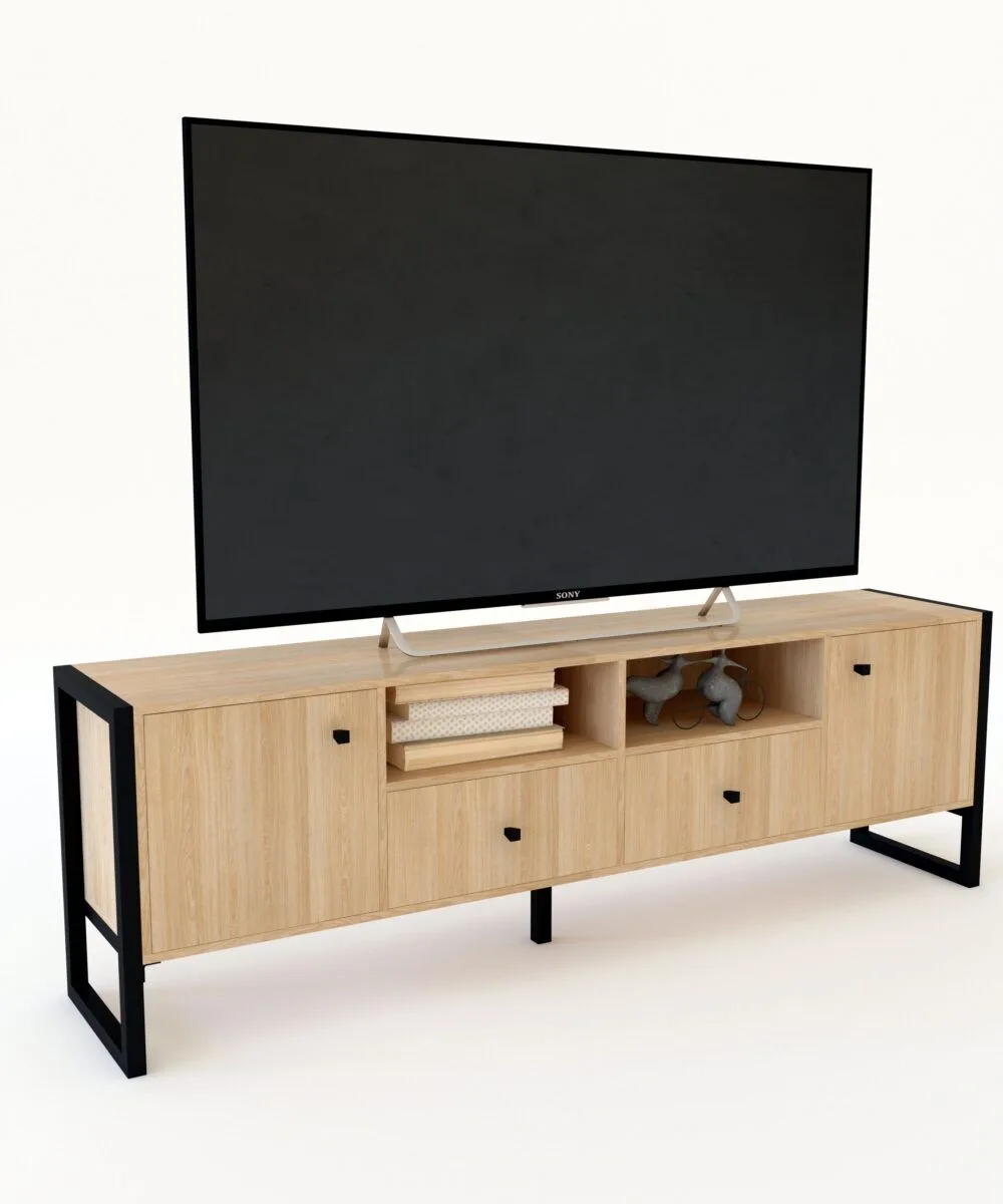 Rack Steel Delos TV 65″ 2 Puertas 2 Cajones DST05 Roble Nebraska Natural